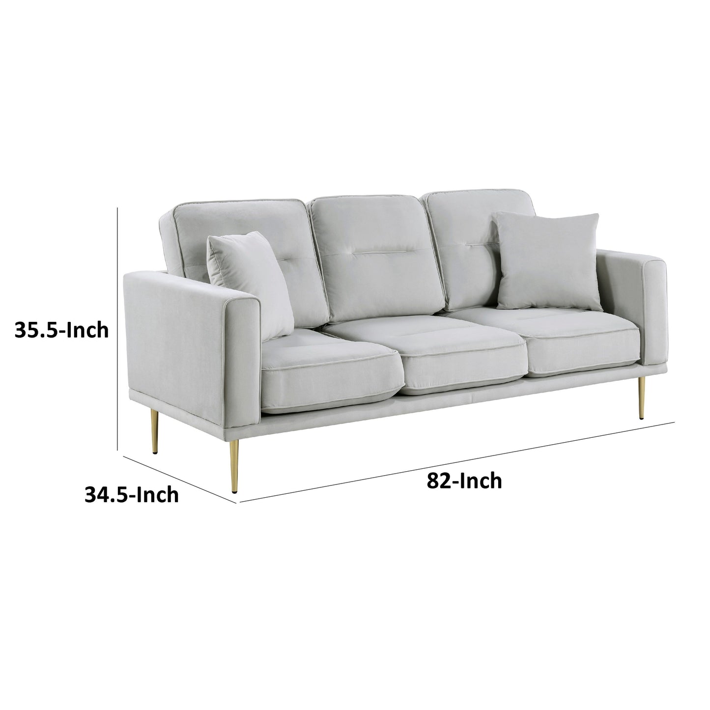 Canapé Voxo, assise rembourrée en velours gris, deux coussins décoratifs, 82 pouces