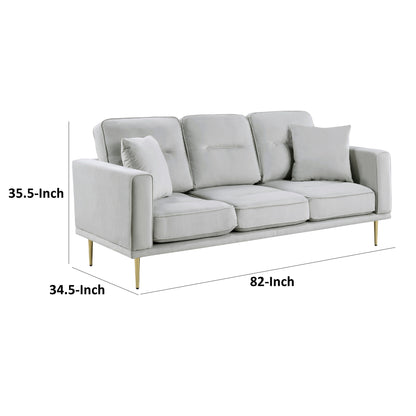 Canapé Voxo, assise rembourrée en velours gris, deux coussins décoratifs, 82 pouces