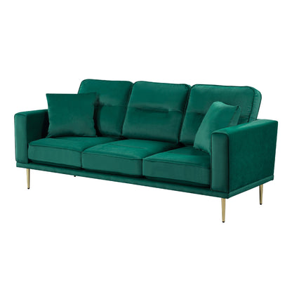 Canapé Voxo, assise rembourrée en velours vert, deux coussins décoratifs, 82 pouces