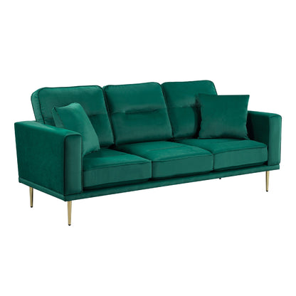 Canapé Voxo, assise rembourrée en velours vert, deux coussins décoratifs, 82 pouces
