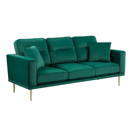 Canapé Voxo, assise rembourrée en velours vert, deux coussins décoratifs, 82 pouces