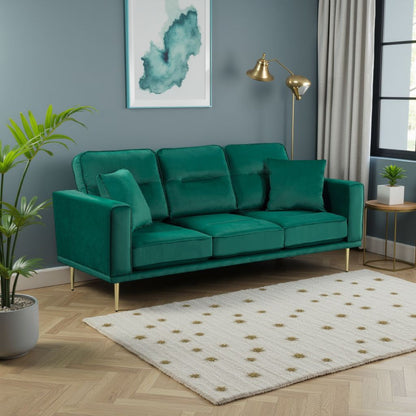 Canapé Voxo, assise rembourrée en velours vert, deux coussins décoratifs, 82 pouces
