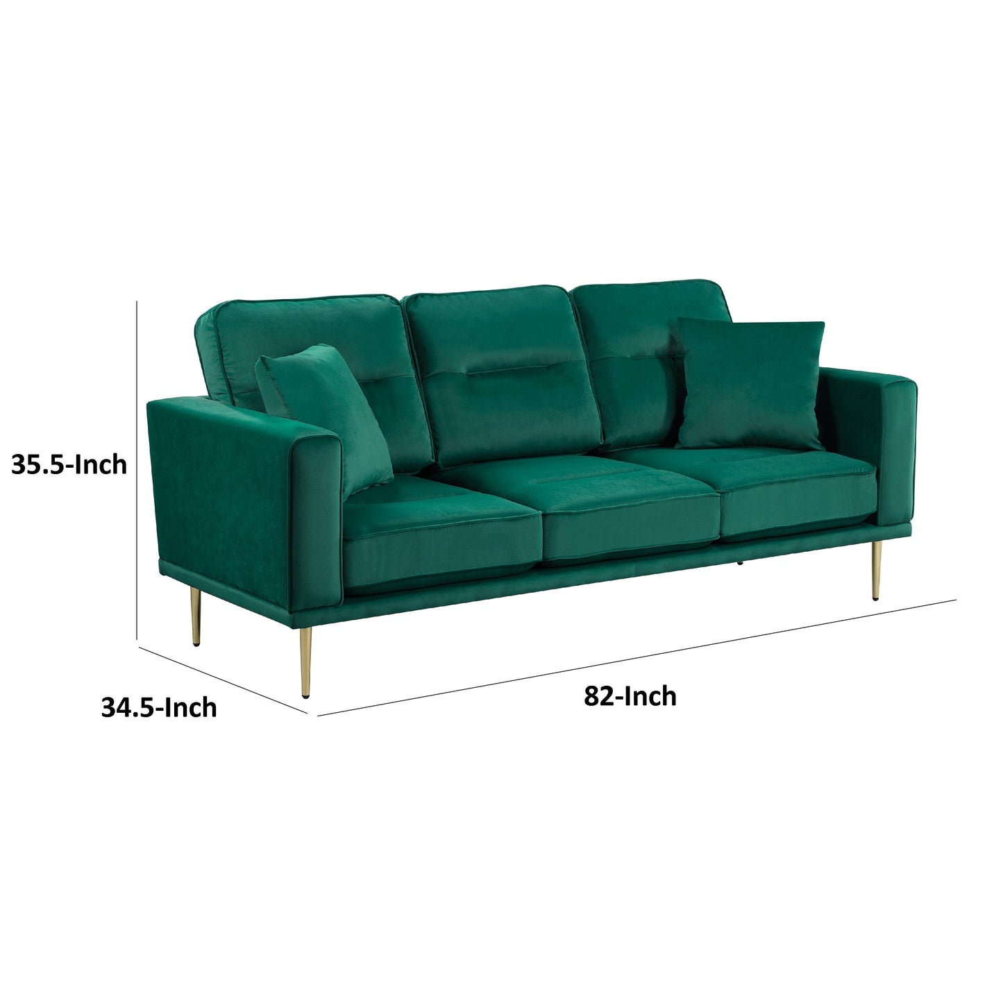 Canapé Voxo, assise rembourrée en velours vert, deux coussins décoratifs, 82 pouces