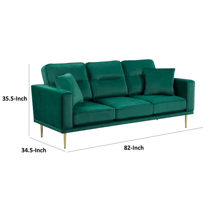 Canapé Voxo, assise rembourrée en velours vert, deux coussins décoratifs, 82 pouces