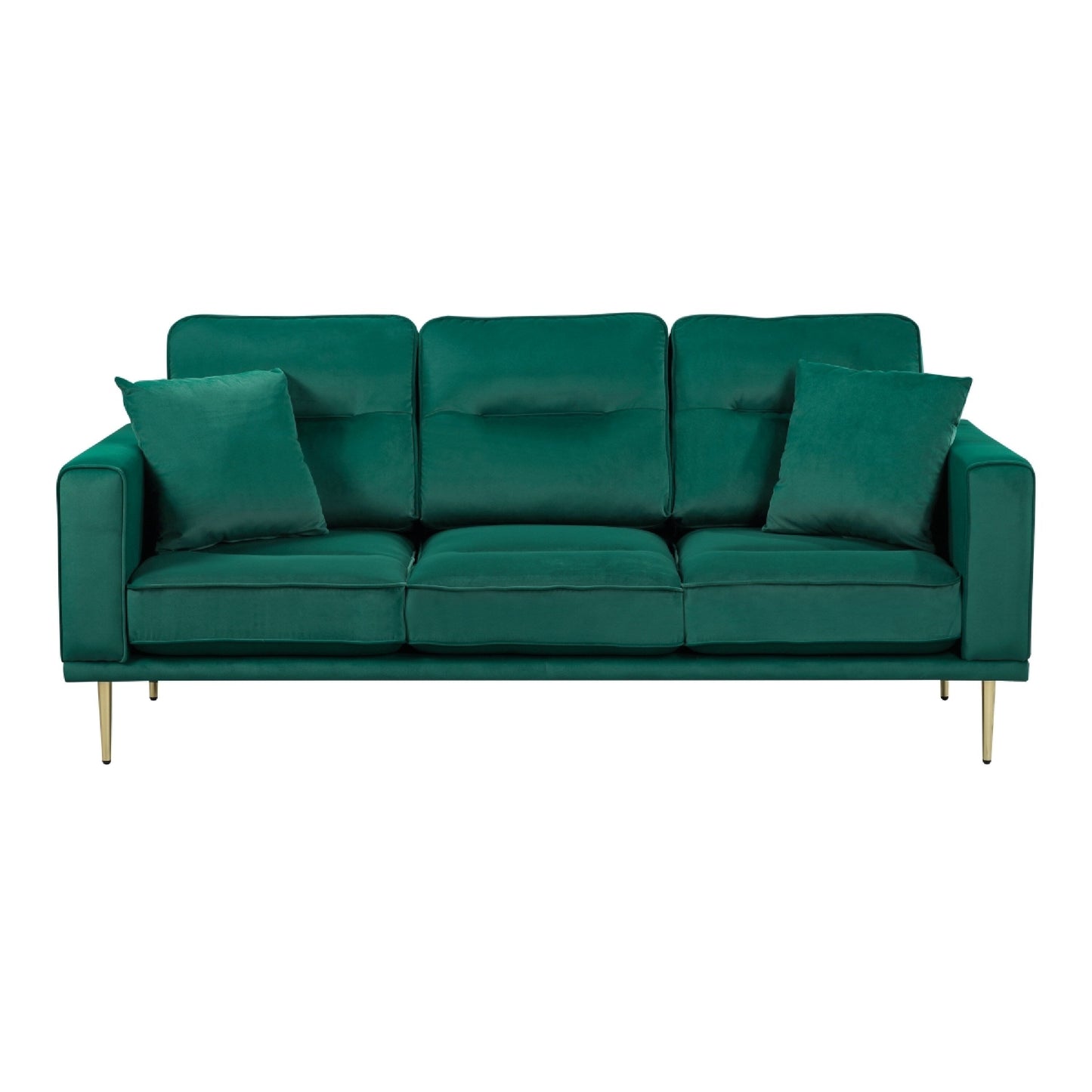 Canapé Voxo, assise rembourrée en velours vert, deux coussins décoratifs, 82 pouces
