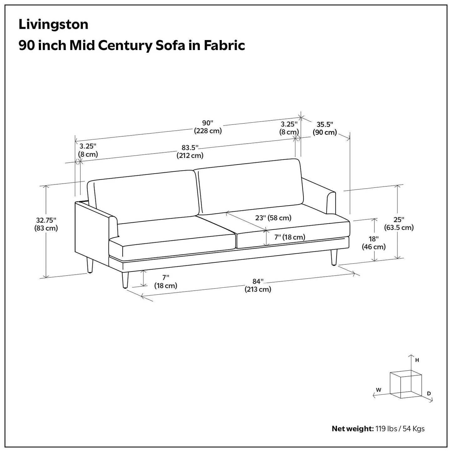 Canapé moderne du milieu du siècle WYNDENHALL Chloris de 90 pouces de large - 90 L x 35,5 P x 32,75 H
