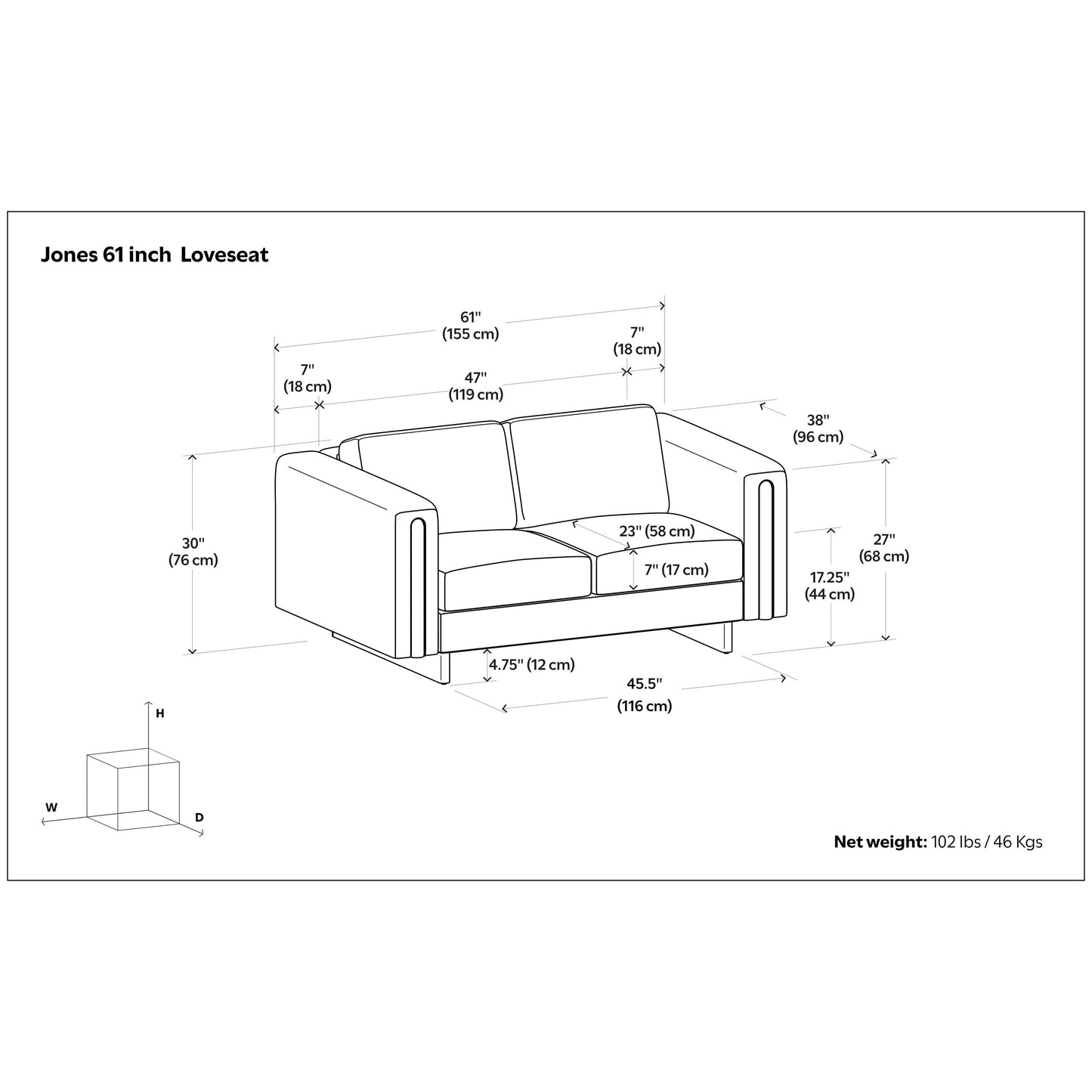 Canapé causeuse contemporain WYNDENHALL Drayton de 61 pouces de large en tissu performant à tissage serré - 61 L x 38 P x 30 H