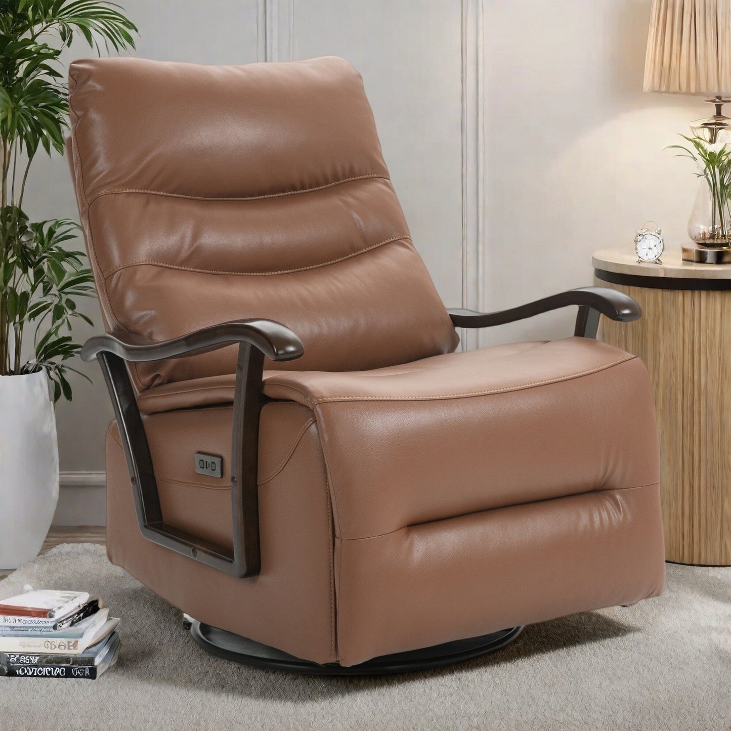 Fauteuil inclinable électrique pivotant et résistant à l'eau avec port USB, accoudoirs en bois massif et fonction de balancement doux