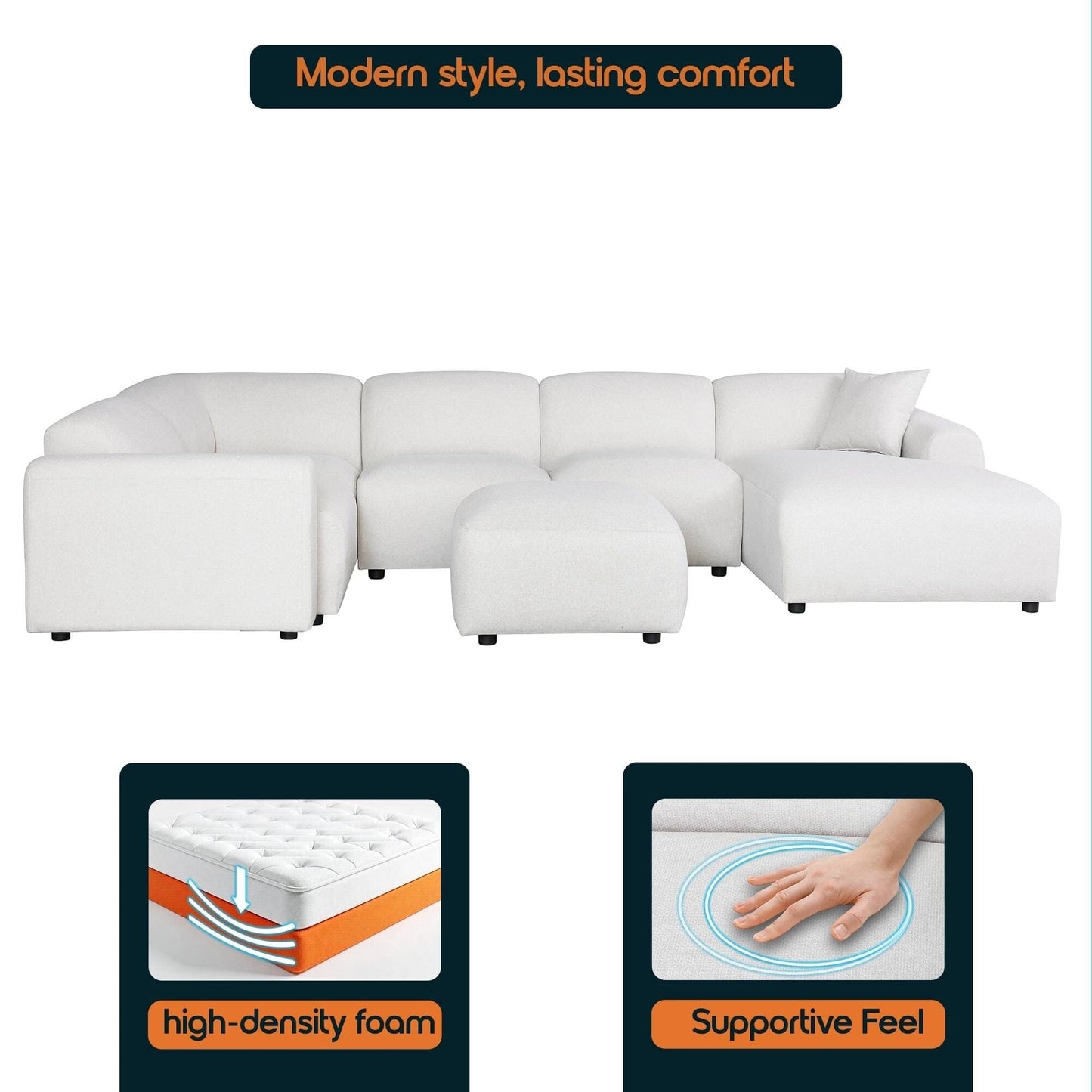 Ensemble de salon sectionnel rembourré Whisper avec chaises modulaires, accoudoirs amovibles et pouf