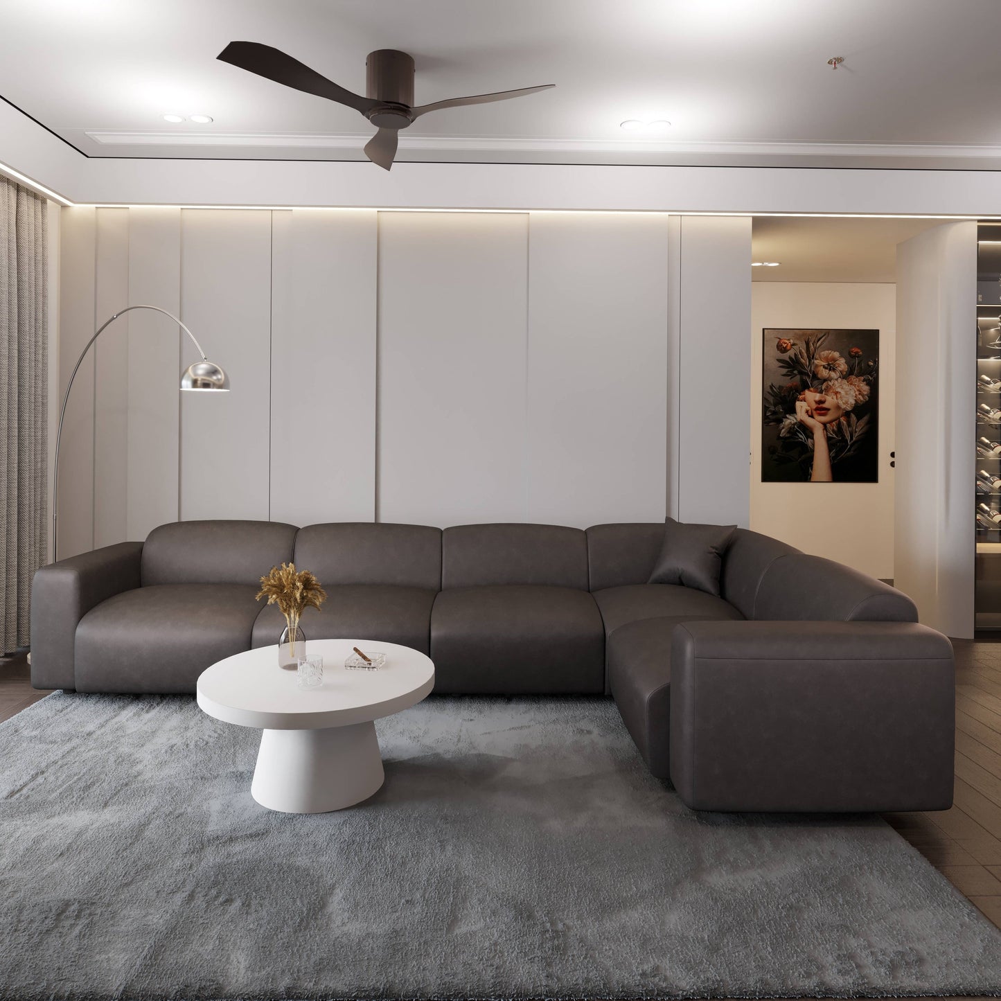 Ensemble de salon sectionnel rembourré Whisper avec chaises modulaires, accoudoirs amovibles et pouf