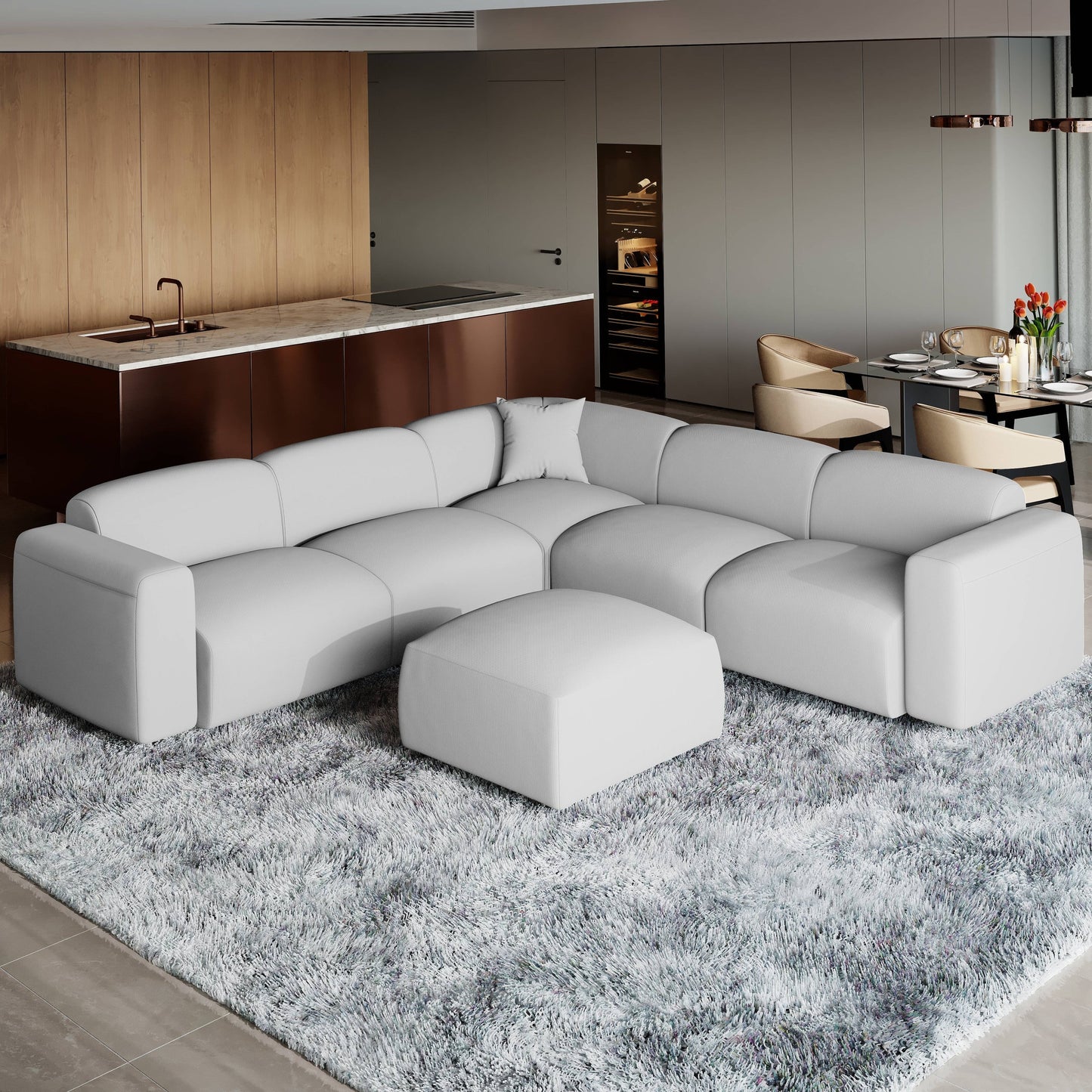 Ensemble de salon sectionnel rembourré Whisper avec chaises modulaires, accoudoirs amovibles et pouf