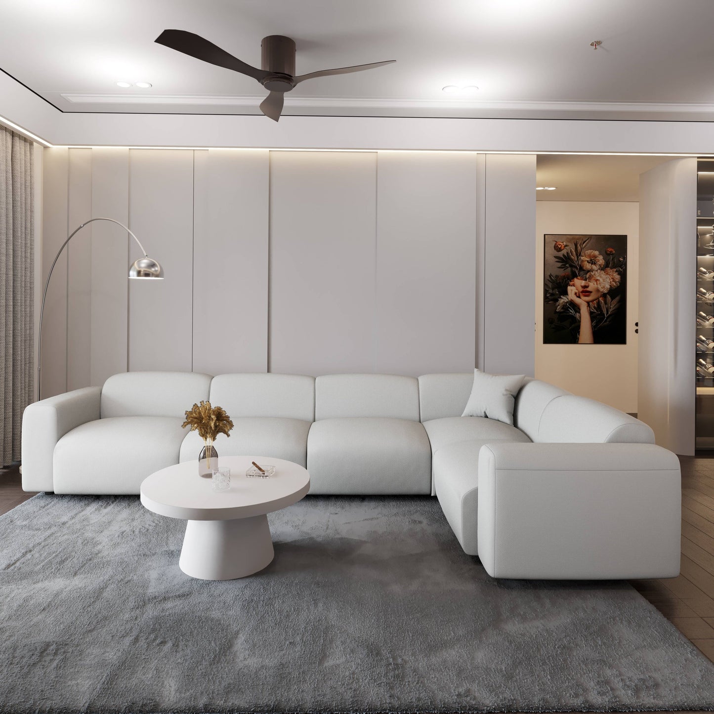 Ensemble de salon sectionnel rembourré Whisper avec chaises modulaires, accoudoirs amovibles et pouf