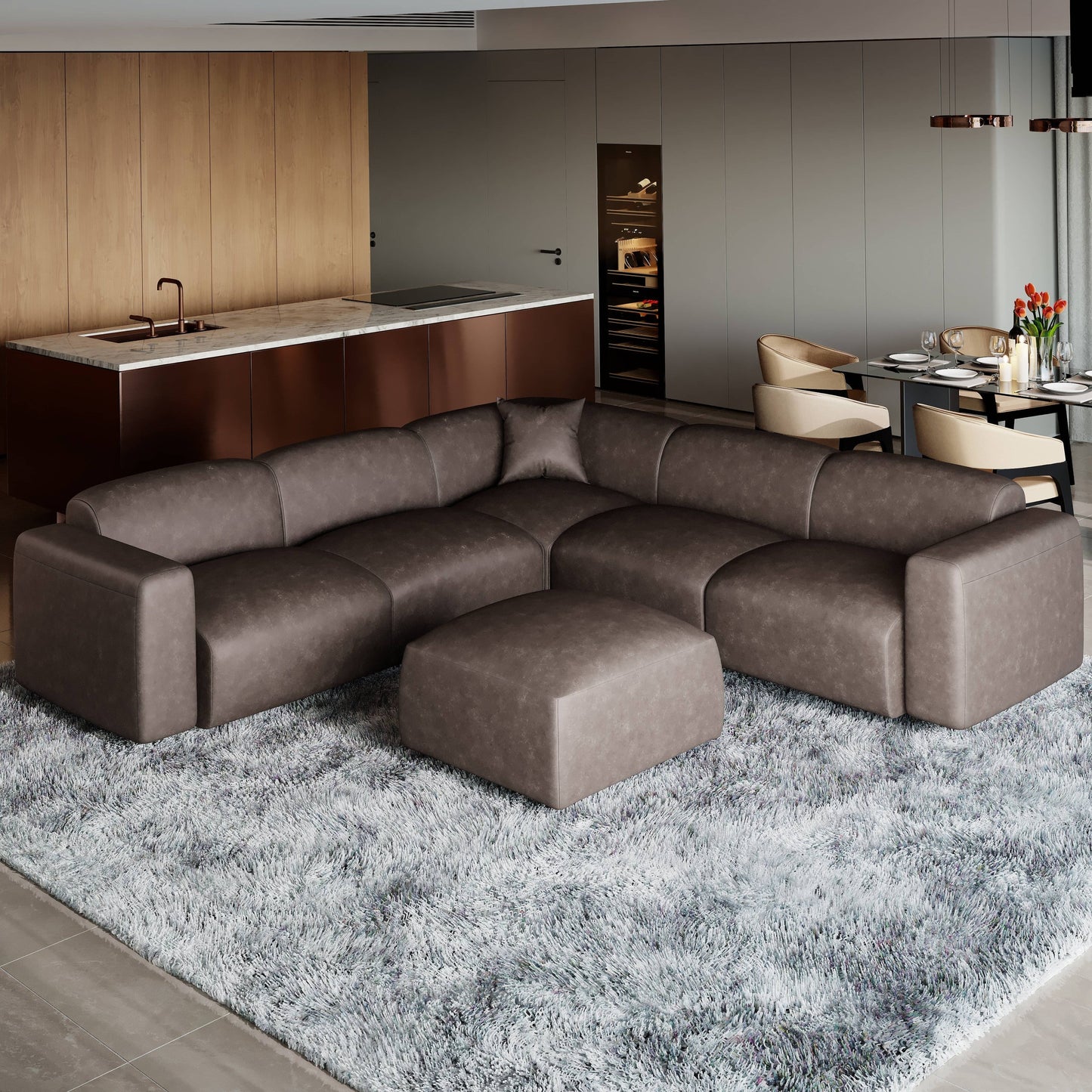 Ensemble de salon sectionnel rembourré Whisper avec chaises modulaires, accoudoirs amovibles et pouf