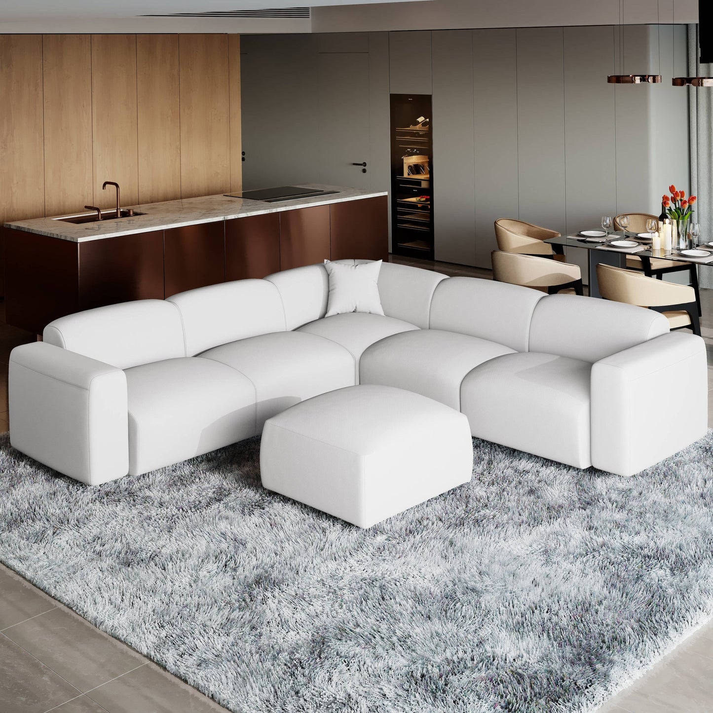 Ensemble de salon sectionnel rembourré Whisper avec chaises modulaires, accoudoirs amovibles et pouf