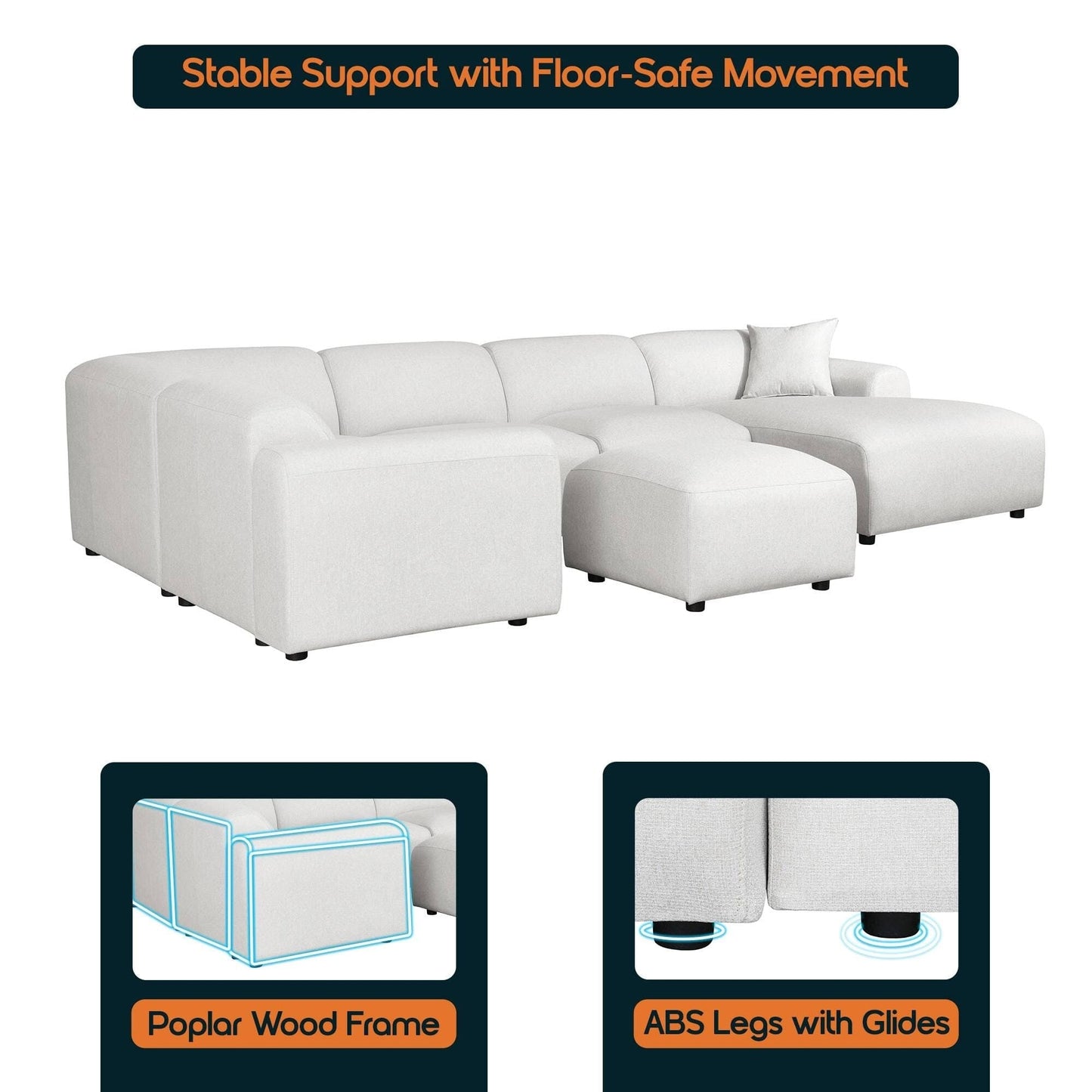 Ensemble de salon sectionnel rembourré Whisper avec chaises modulaires, accoudoirs amovibles et pouf