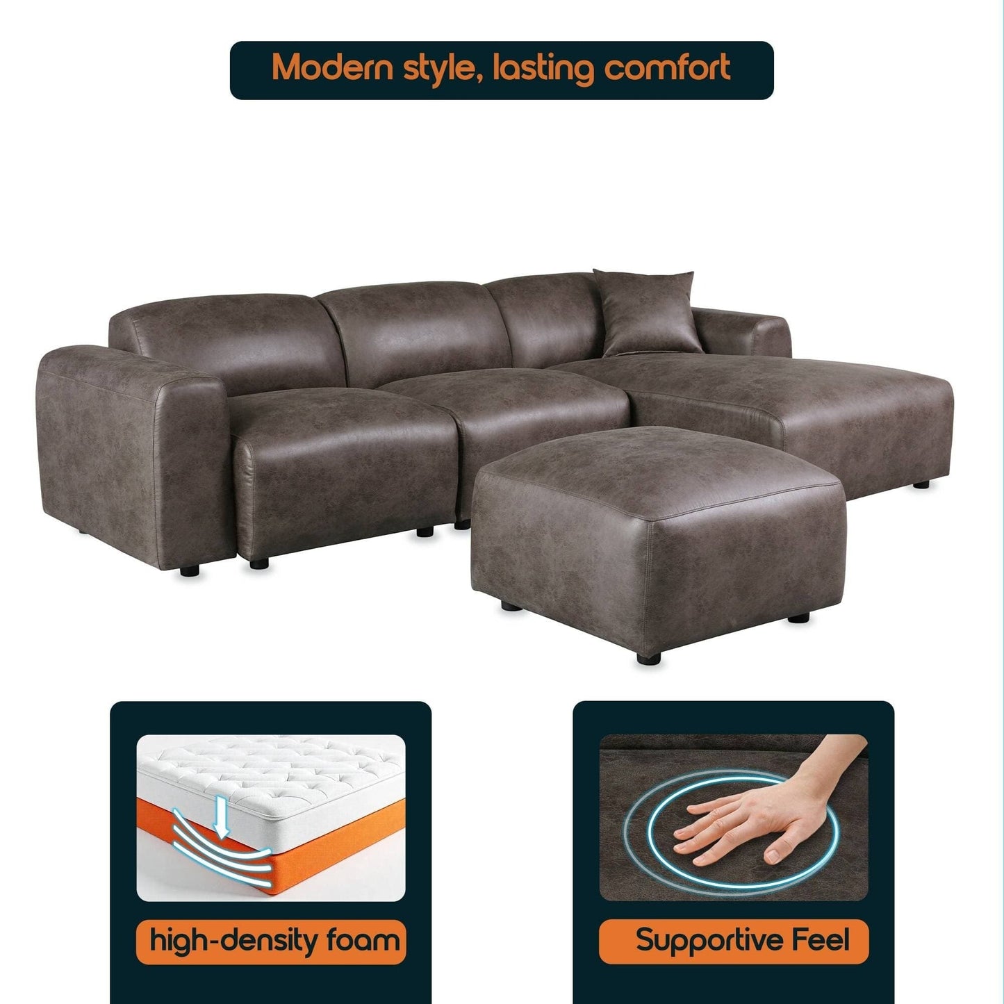 Ensemble de salon sectionnel rembourré Whisper avec chaises modulaires, accoudoirs amovibles et pouf