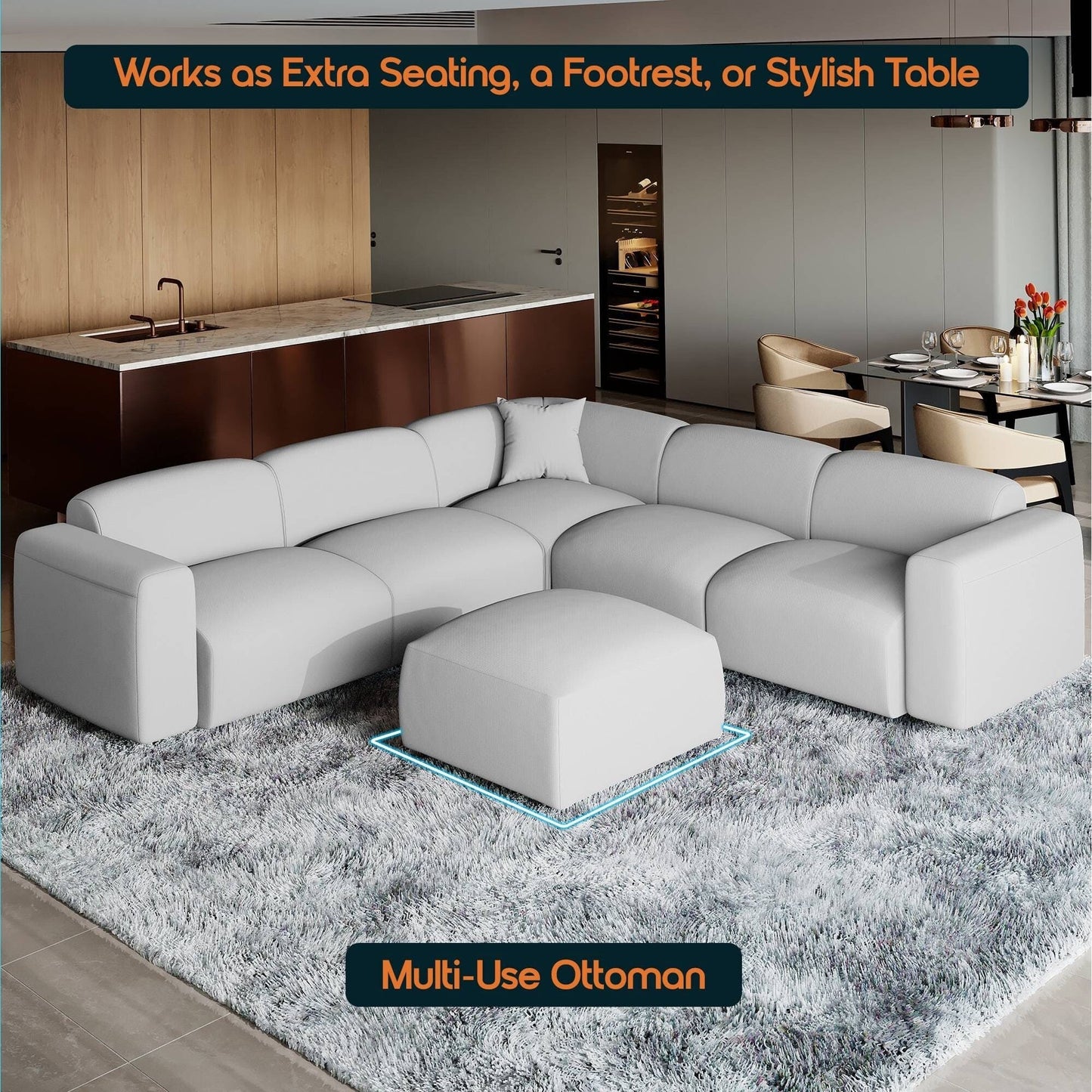 Ensemble de salon sectionnel rembourré Whisper avec chaises modulaires, accoudoirs amovibles et pouf