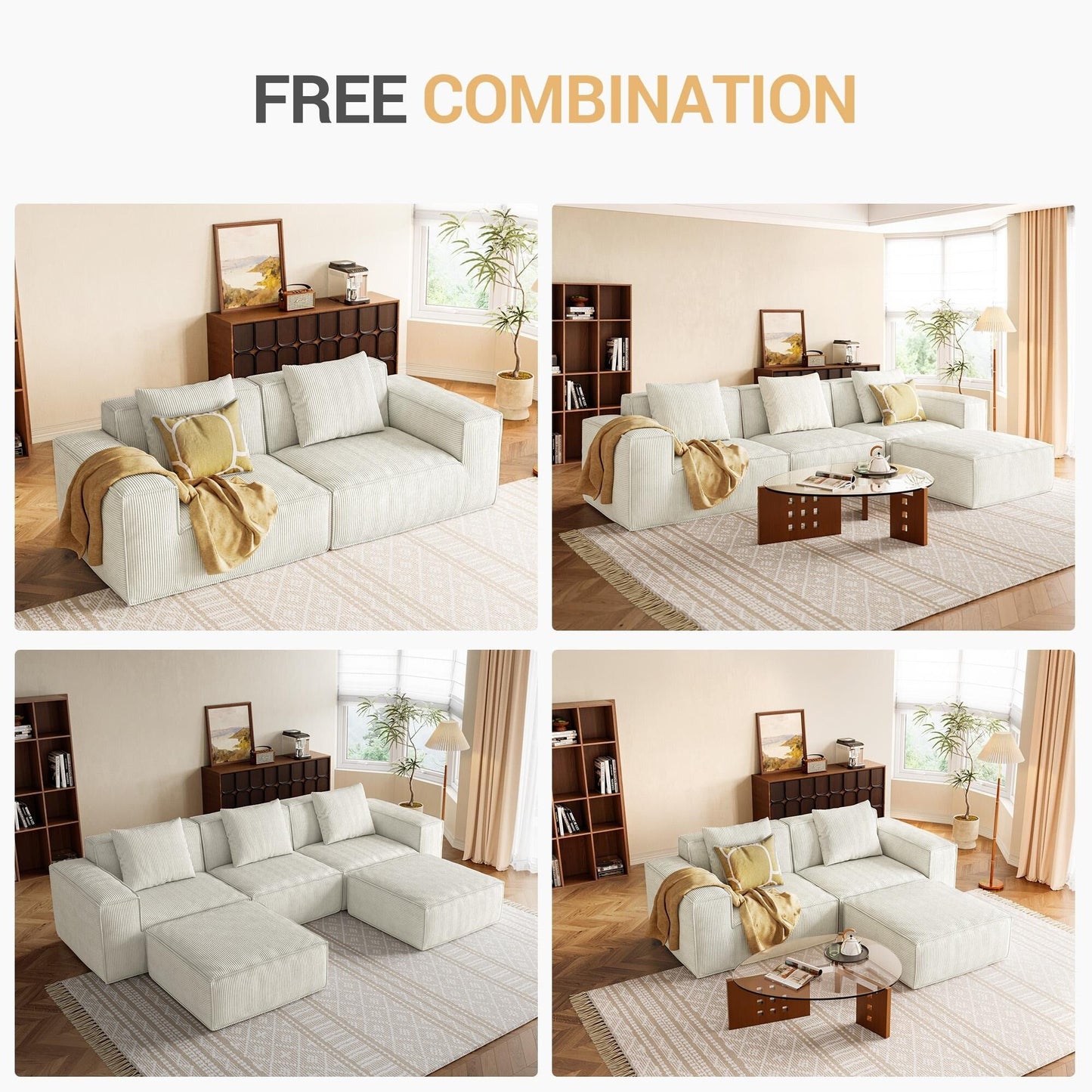 Canapé-lit modulable 3 places blanc de 118 pouces avec repose-pieds