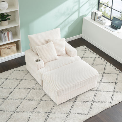 Fauteuil-canapé simple rembourré en velours côtelé blanc 39,37 po avec pouf et porte-gobelet pour le salon