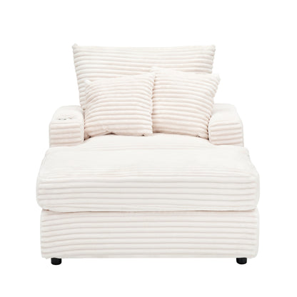 Fauteuil-canapé simple rembourré en velours côtelé blanc 39,37 po avec pouf et porte-gobelet pour le salon