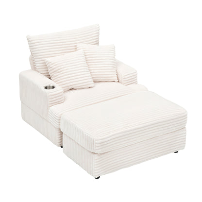 Fauteuil-canapé simple rembourré en velours côtelé blanc 39,37 po avec pouf et porte-gobelet pour le salon