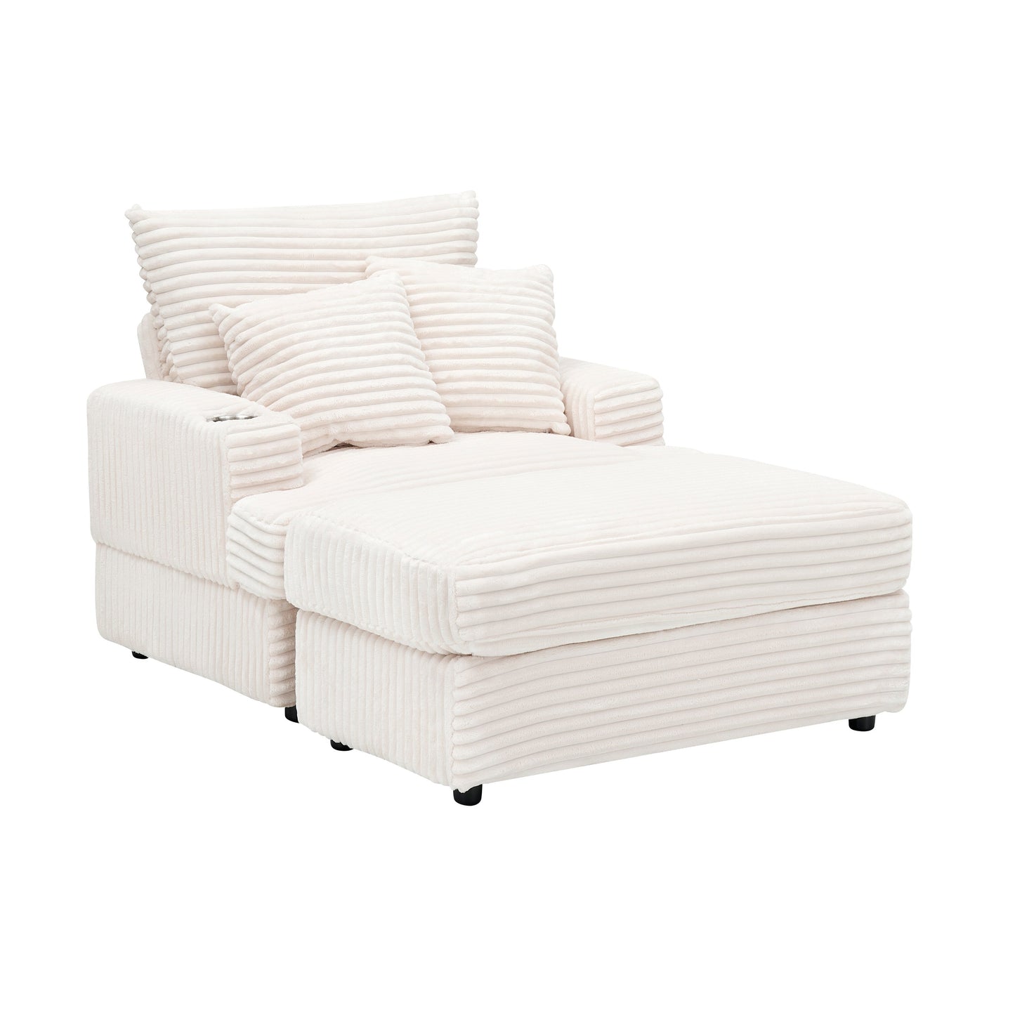 Fauteuil-canapé simple rembourré en velours côtelé blanc 39,37 po avec pouf et porte-gobelet pour le salon