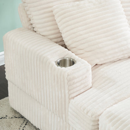 Fauteuil-canapé simple rembourré en velours côtelé blanc 39,37 po avec pouf et porte-gobelet pour le salon