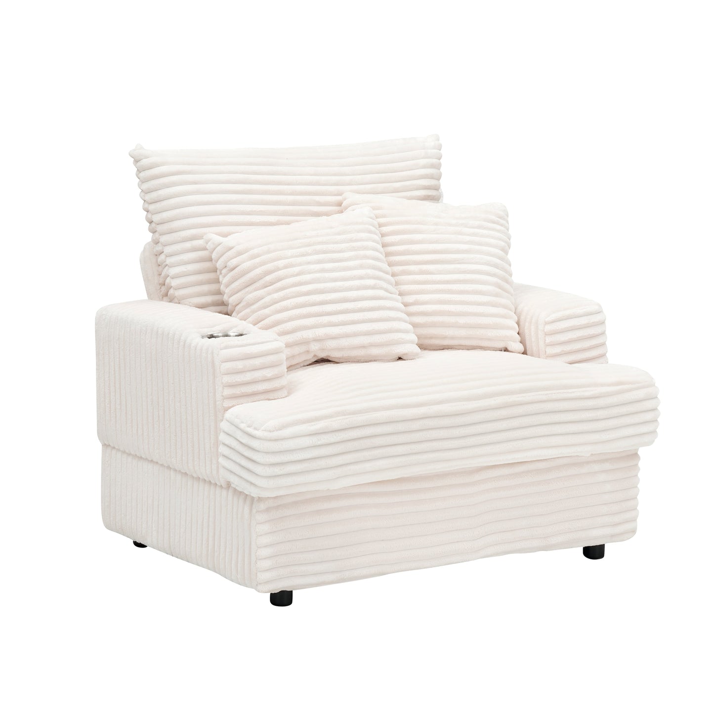 Fauteuil-canapé simple rembourré en velours côtelé blanc 39,37 po avec pouf et porte-gobelet pour le salon
