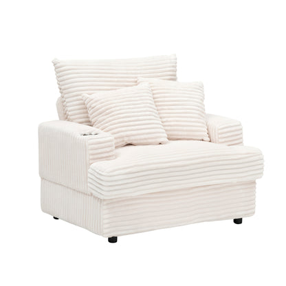 Fauteuil-canapé simple rembourré en velours côtelé blanc 39,37 po avec pouf et porte-gobelet pour le salon