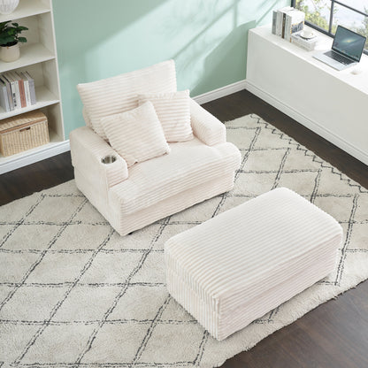 Fauteuil-canapé simple rembourré en velours côtelé blanc 39,37 po avec pouf et porte-gobelet pour le salon