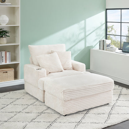 Fauteuil-canapé simple rembourré en velours côtelé blanc 39,37 po avec pouf et porte-gobelet pour le salon
