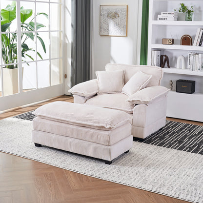 Canapé simple profond en velours côtelé blanc 59,3 po avec 2 coussins décoratifs et pouf pour le salon