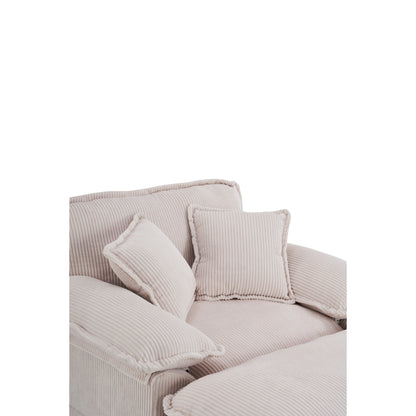 Canapé simple profond en velours côtelé blanc 59,3 po avec 2 coussins décoratifs et pouf pour le salon