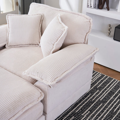 Canapé simple profond en velours côtelé blanc 59,3 po avec 2 coussins décoratifs et pouf pour le salon