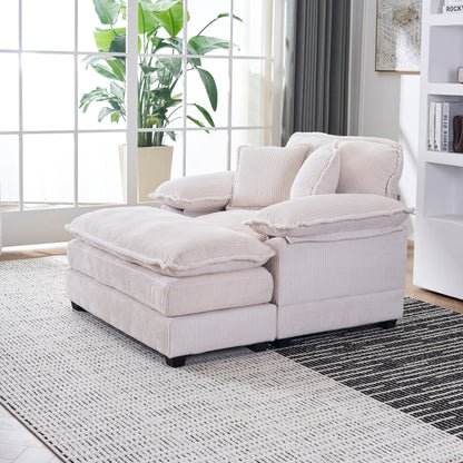 Canapé simple profond en velours côtelé blanc 59,3 po avec 2 coussins décoratifs et pouf pour le salon