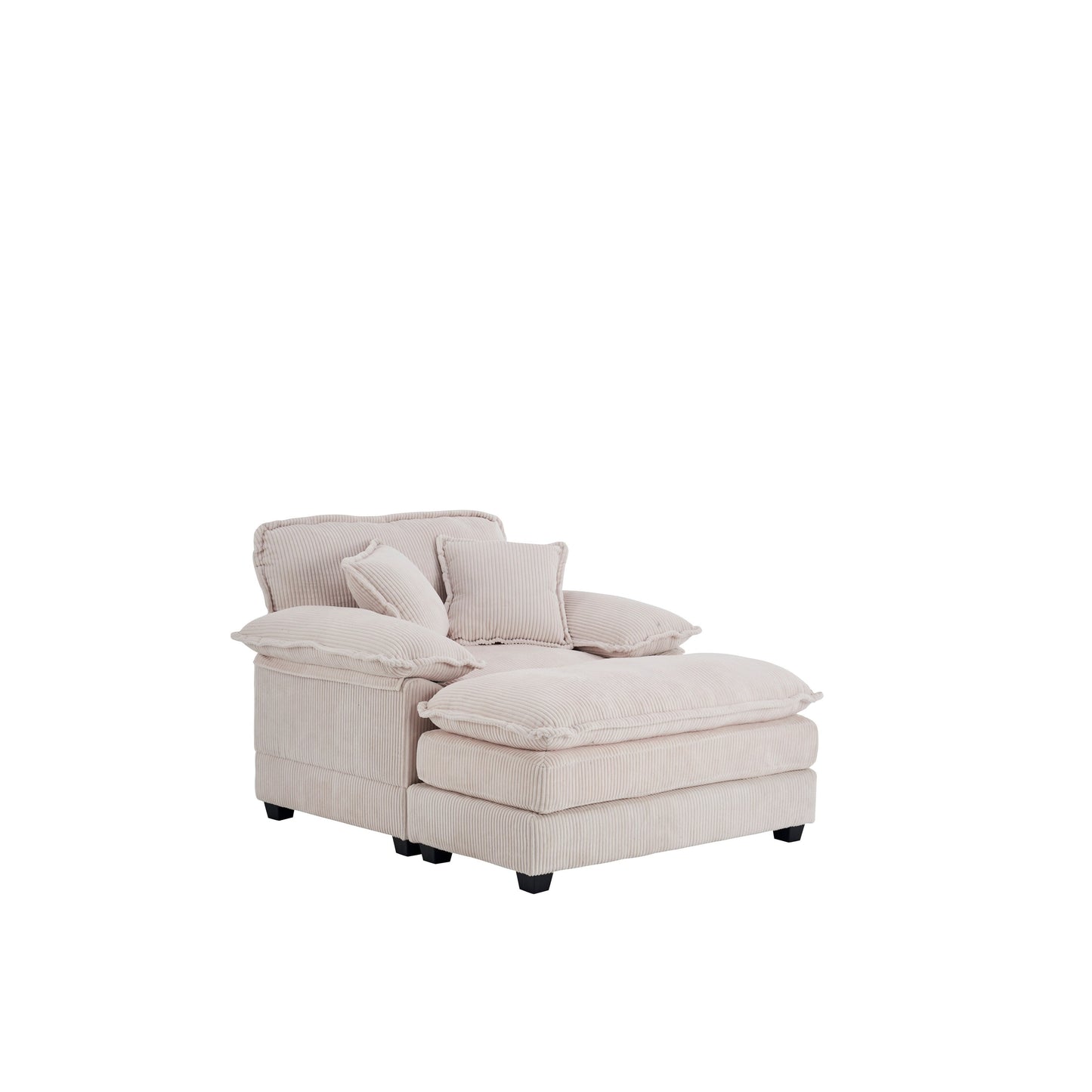 Canapé simple profond en velours côtelé blanc 59,3 po avec 2 coussins décoratifs et pouf pour le salon