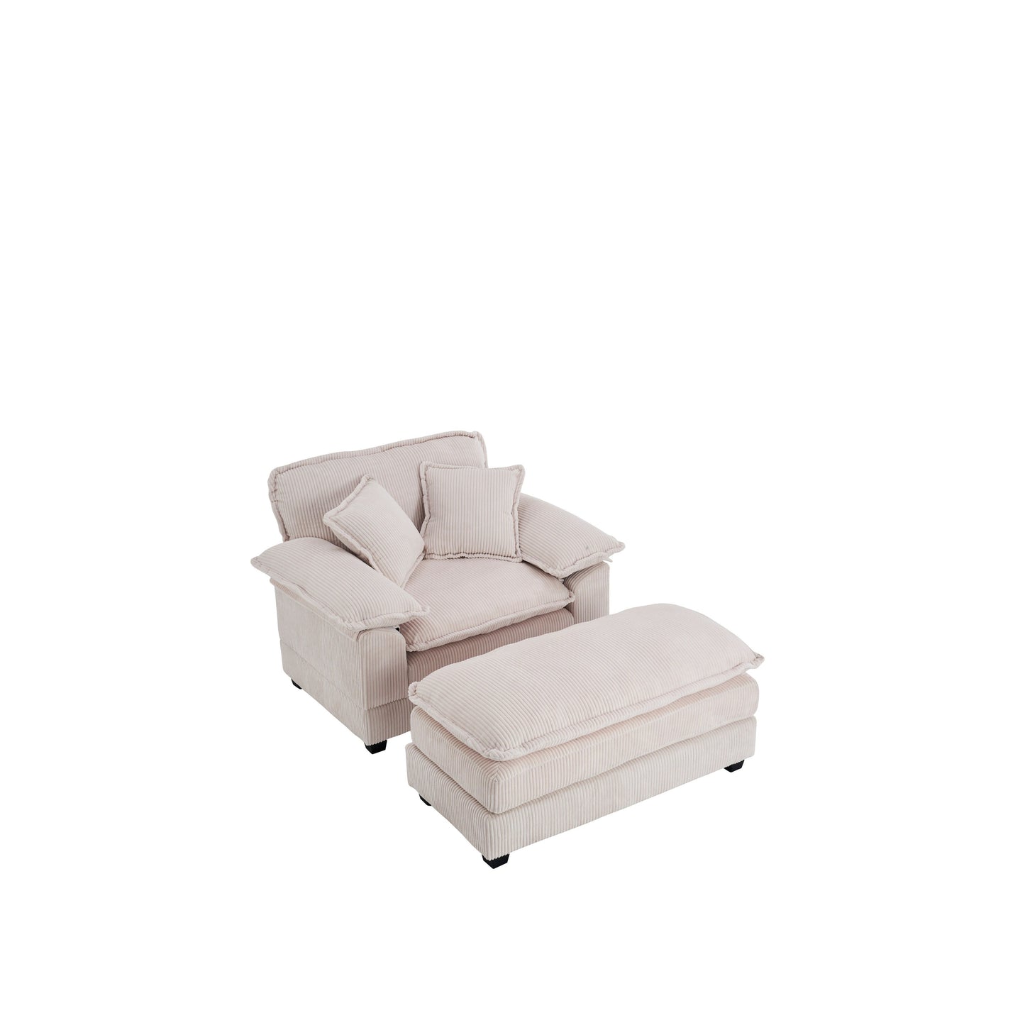 Canapé simple profond en velours côtelé blanc 59,3 po avec 2 coussins décoratifs et pouf pour le salon