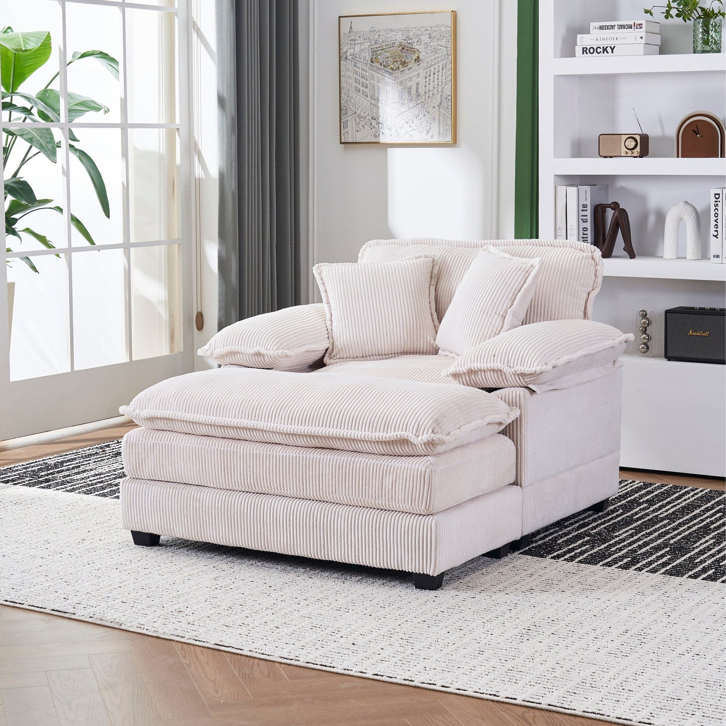 Canapé simple profond en velours côtelé blanc 59,3 po avec 2 coussins décoratifs et pouf pour le salon