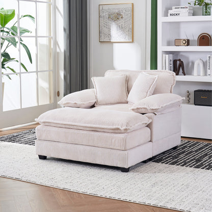 Canapé simple profond en velours côtelé blanc 59,3 po avec 2 coussins décoratifs et pouf pour le salon