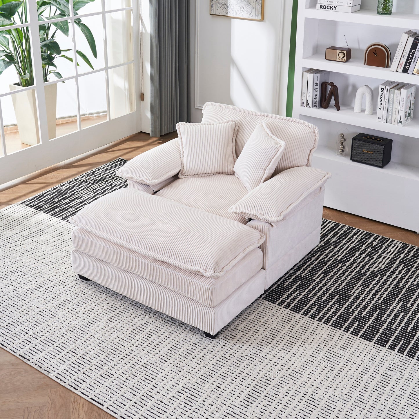 Canapé simple profond en velours côtelé blanc 59,3 po avec 2 coussins décoratifs et pouf pour le salon