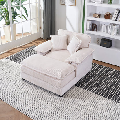 Canapé simple profond en velours côtelé blanc 59,3 po avec 2 coussins décoratifs et pouf pour le salon