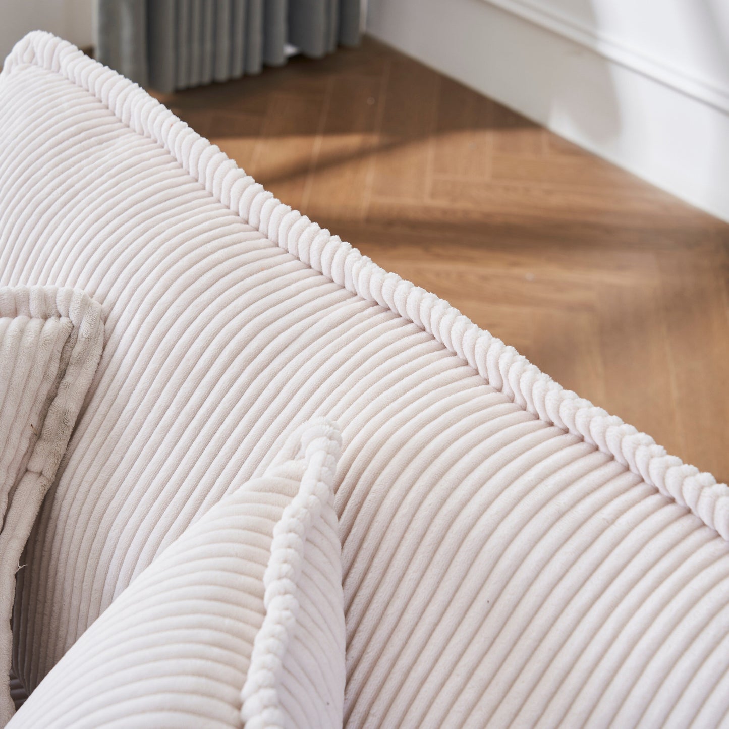 Canapé simple profond en velours côtelé blanc 59,3 po avec 2 coussins décoratifs et pouf pour le salon