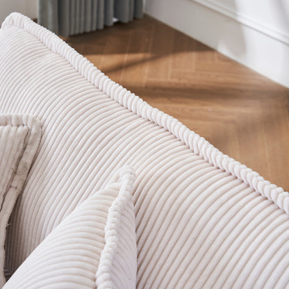 Canapé simple profond en velours côtelé blanc 59,3 po avec 2 coussins décoratifs et pouf pour le salon