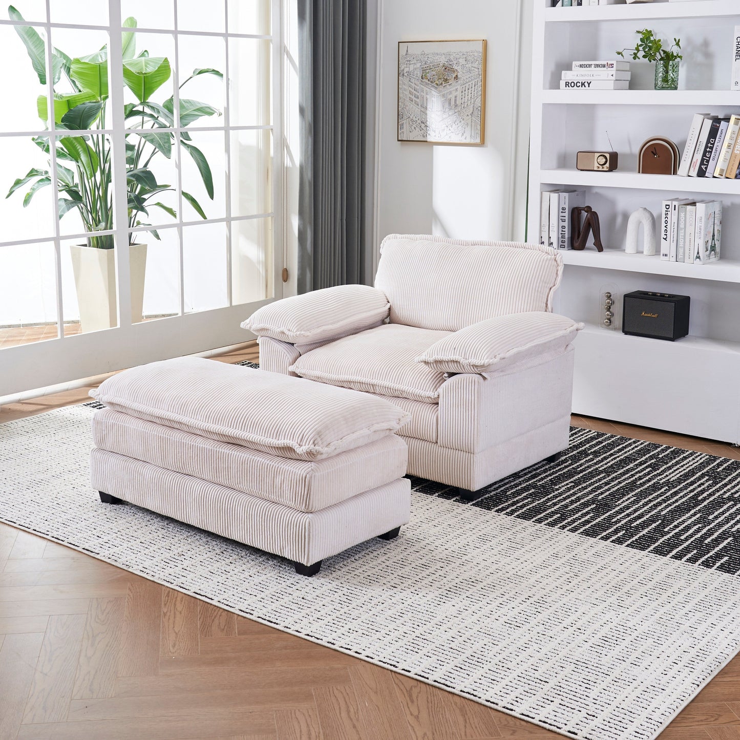 Canapé simple profond en velours côtelé blanc 59,3 po avec 2 coussins décoratifs et pouf pour le salon