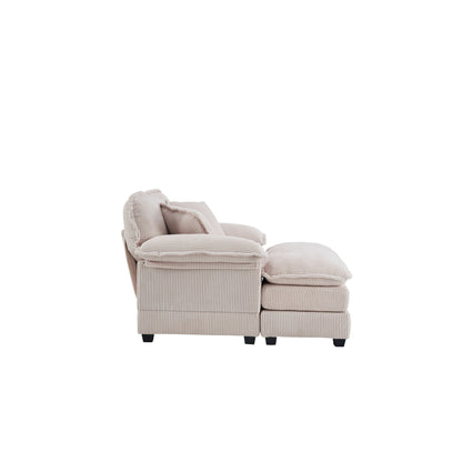 Canapé simple profond en velours côtelé blanc 59,3 po avec 2 coussins décoratifs et pouf pour le salon