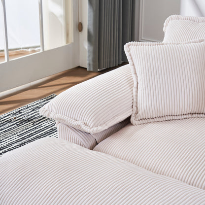 Canapé simple profond en velours côtelé blanc 59,3 po avec 2 coussins décoratifs et pouf pour le salon