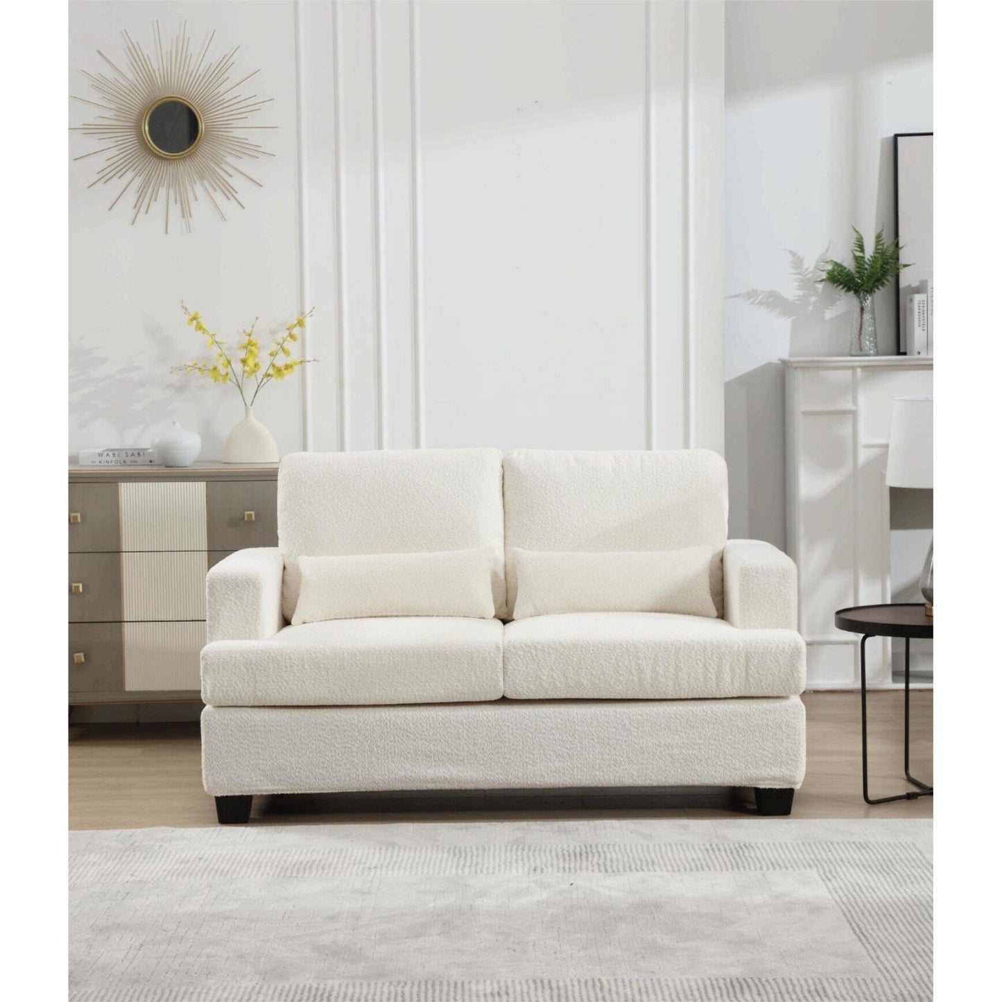 Canapé 2 places en tissu blanc de 63 pouces avec assise profonde et 3 coussins