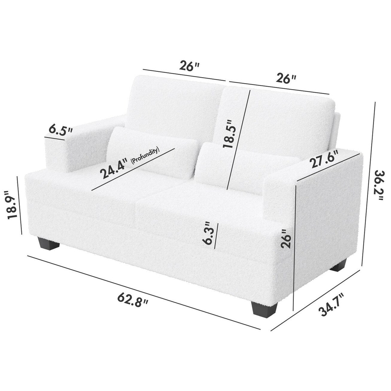 Canapé 2 places en tissu blanc de 63 pouces avec assise profonde et 3 coussins