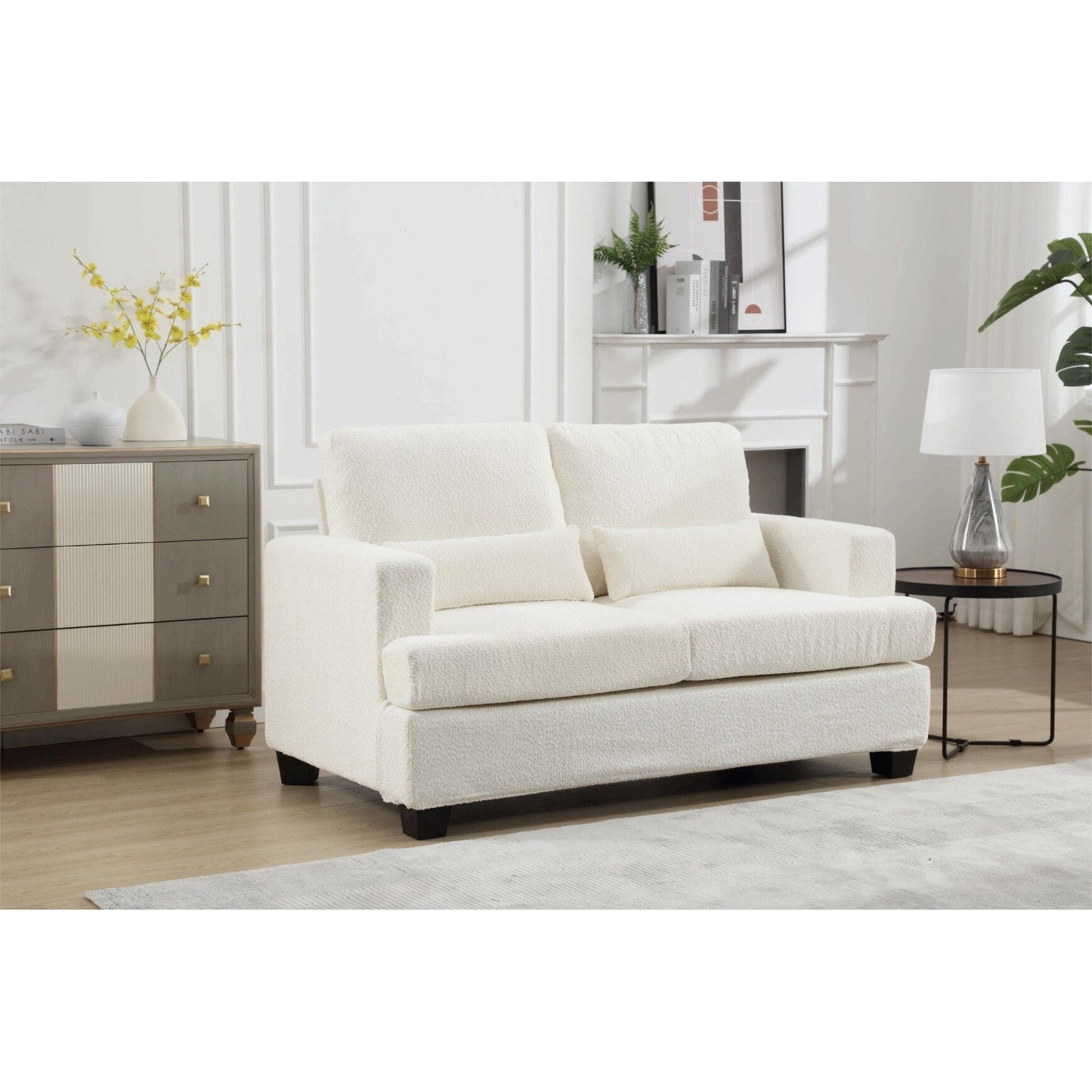 Canapé 2 places en tissu blanc de 63 pouces avec assise profonde et 3 coussins
