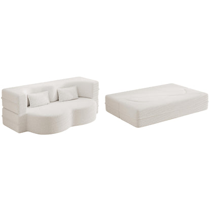 Canapé-lit convertible en tissu Teddy blanc 78 pouces, garni de mousse, avec 2 oreillers et matelas pliant pour le salon
